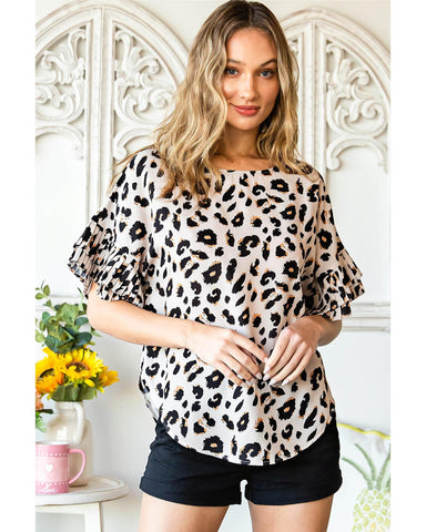 Azura Exchange Leopard Print Ruffle Trim Blouse - S