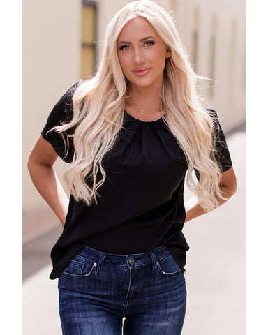 Azura Exchange Pleated Keyhole Short Sleeve T-Shirt - M