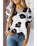 Azura Exchange Leopard Print Ruched Short Sleeve Blouse - S