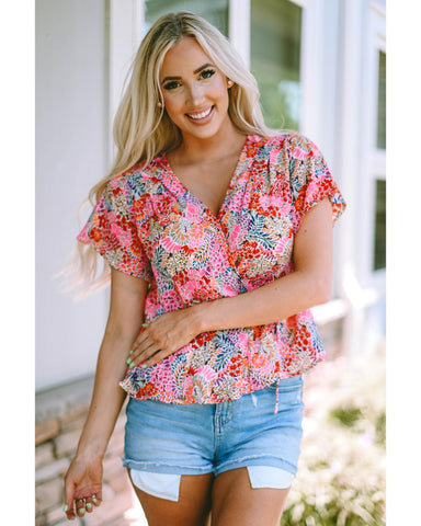 Azura Exchange Floral Print Flutter Peplum Blouse - M