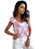 Azura Exchange Geometric Print V-Neck Pleated Cap Sleeve Top - S