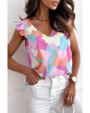 Azura Exchange Geometric Print V-Neck Pleated Cap Sleeve Top - S