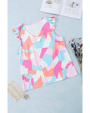 Azura Exchange Geometric Print V-Neck Pleated Cap Sleeve Top - S