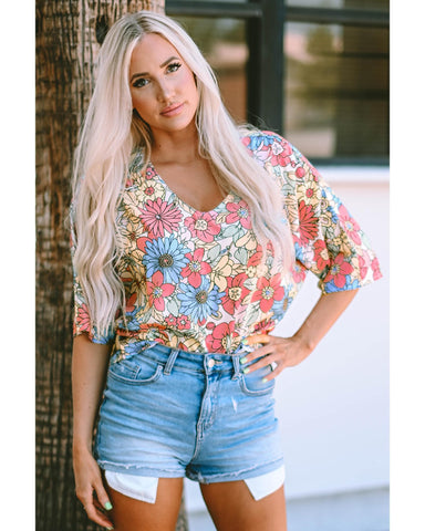 Azura Exchange Floral Print V Neck Half Sleeve Blouse - L