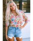 Azura Exchange Floral Print V Neck Half Sleeve Blouse - L