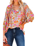 Azura Exchange Floral Print Loose Fit V Neck Blouse - L