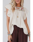 Azura Exchange Ruffled Sleeve Embroidered Blouse with Stripe Detail - L