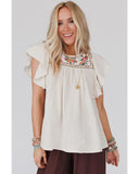 Azura Exchange Ruffled Sleeve Embroidered Blouse with Stripe Detail - L