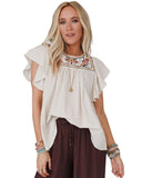 Azura Exchange Ruffled Sleeve Embroidered Blouse with Stripe Detail - L