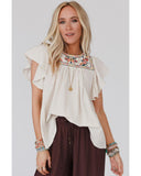 Azura Exchange Ruffled Sleeve Embroidered Blouse with Stripe Detail - L