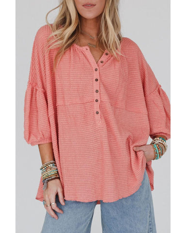 Azura Exchange Oversized Waffled Henley Top - S