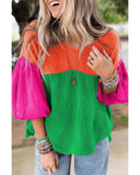 Azura Exchange Crinkle Bubble Sleeve Color Block Blouse - L