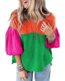 Azura Exchange Crinkle Bubble Sleeve Color Block Blouse - L