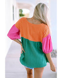Azura Exchange Crinkle Bubble Sleeve Color Block Blouse - L