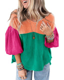 Azura Exchange Crinkle Bubble Sleeve Color Block Blouse - L