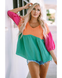 Azura Exchange Crinkle Bubble Sleeve Color Block Blouse - L