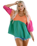 Azura Exchange Crinkle Bubble Sleeve Color Block Blouse - L