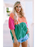 Azura Exchange Crinkle Bubble Sleeve Color Block Blouse - L