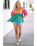 Azura Exchange Crinkle Bubble Sleeve Color Block Blouse - L