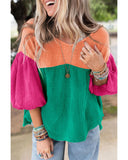 Azura Exchange Crinkle Bubble Sleeve Color Block Blouse - L