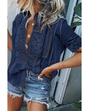 Azura Exchange Hollow-out Lace Splicing Short Sleeve Top - M