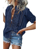 Azura Exchange Hollow-out Lace Splicing Short Sleeve Top - M