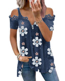 Azura Exchange Floral Print Lace Contrast Cold Shoulder T-Shirt - S