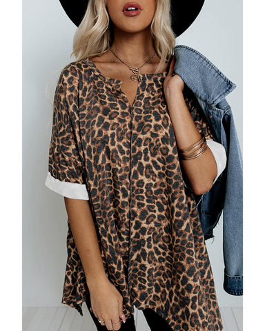 Azura Exchange Loose Leopard Top with V Notch Rolled Cuffs - S