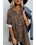 Azura Exchange Loose Leopard Top with V Notch Rolled Cuffs - S