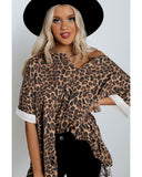 Azura Exchange Loose Leopard Top with V Notch Rolled Cuffs - S