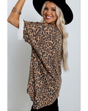 Azura Exchange Loose Leopard Top with V Notch Rolled Cuffs - S