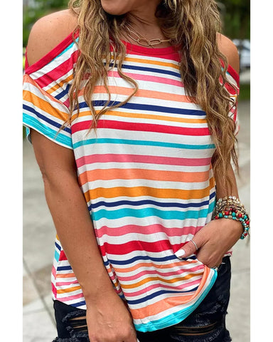 Azura Exchange Relaxed Striped Print Cold Shoulder Top - M