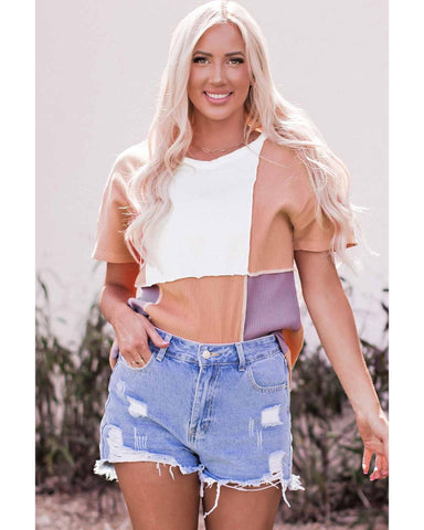 Azura Exchange Short Sleeve Rib Knit Top with Colorblock Stitching - S