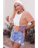 Azura Exchange Short Sleeve Rib Knit Top with Colorblock Stitching - S