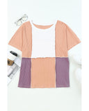 Azura Exchange Short Sleeve Rib Knit Top with Colorblock Stitching - S