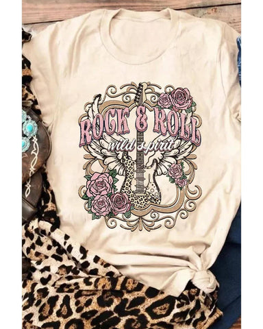 Azura Exchange Vintage Graphic Tee with Khaki ROCK&ROLL Guitar Design - XL