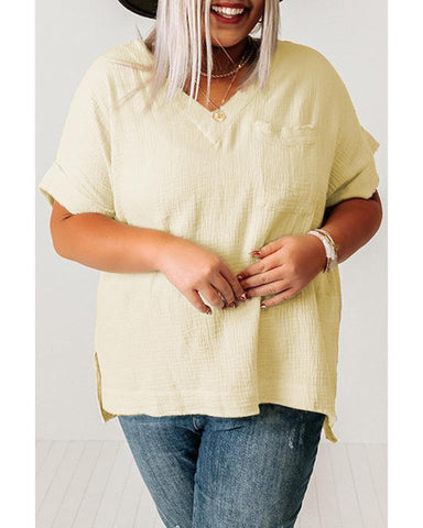 Azura Exchange Beige Textured Pocket Split V Neck Top - 4X