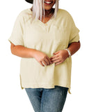 Azura Exchange Beige Textured Pocket Split V Neck Top - 4X