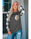 Azura Exchange Sequined Pocket Plaid Long Sleeve Top - S