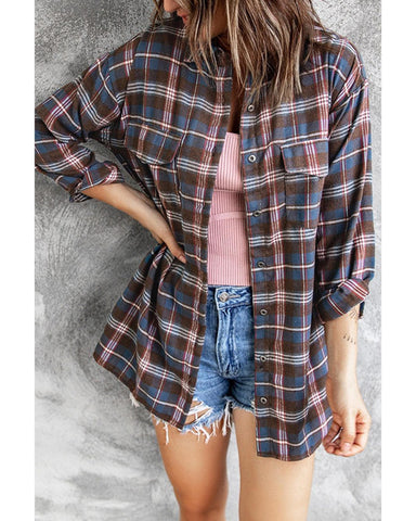 Azura Exchange Long Sleeve Plaid Shirt with Pocket Buttons - S