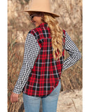 Azura Exchange Plaid Splicing Hit Color Pockets Long Sleeve Shirt - XL