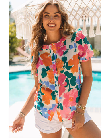 Azura Exchange Floral Print Ruffle Trim Puff Sleeve Shirt - XL