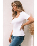 Azura Exchange Ribbed Knit Square Neck Short Sleeve Top - M