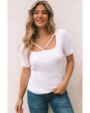 Azura Exchange Ribbed Knit Square Neck Short Sleeve Top - M