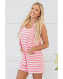 Pink Stripe Knotted Strap Patched Pocket Romper - M