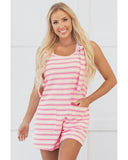 Pink Stripe Knotted Strap Patched Pocket Romper - S