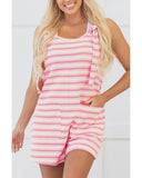 Pink Stripe Knotted Strap Patched Pocket Romper - S