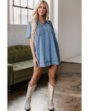 Beau Blue Short Sleeve Collared Patched Pocket Denim Mini Dress - L