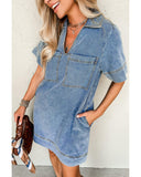 Beau Blue Short Sleeve Collared Patched Pocket Denim Mini Dress - L