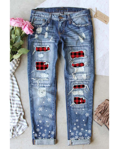 Azura Exchange Plaid Patch Snowflake Distressed Straight Jeans - M